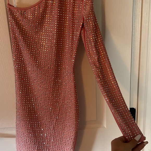 light pink, rhinestone, one sleeved, choker pencil dress - Picture 2 of 4